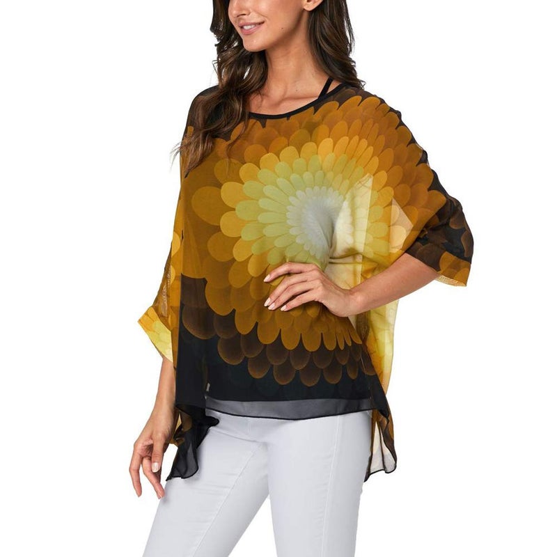 Ckikiou Plus Size Batwing Flowy Semi Sheer Chiffon Blouse Tunic for Women Summer Floral Print Boho Beach Cover ups - Image 3
